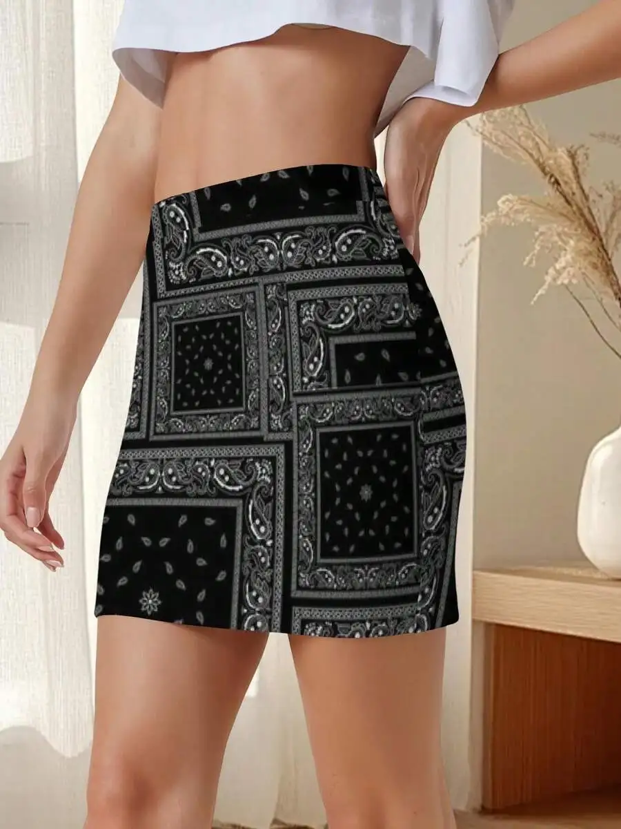 Women Black Bandana Print Bodycon Mini Skirt Casual Streetwear Paisley Pattern Summer