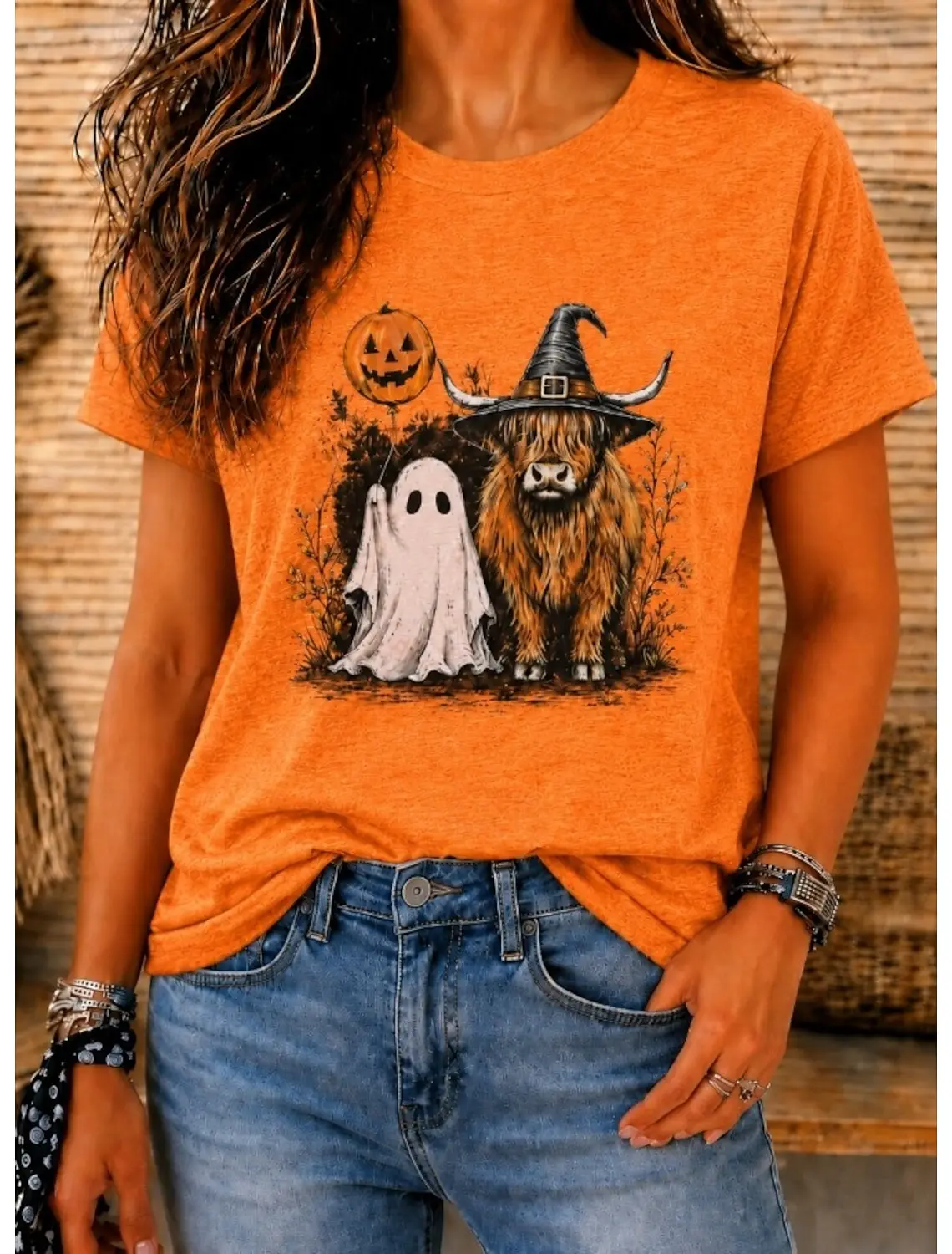 Women's Spring Summer 3D Printed Crew Neck T Shirt, Orange Base Highland Cow Ghost Pumpkin Halloween Vintage Holiday Top