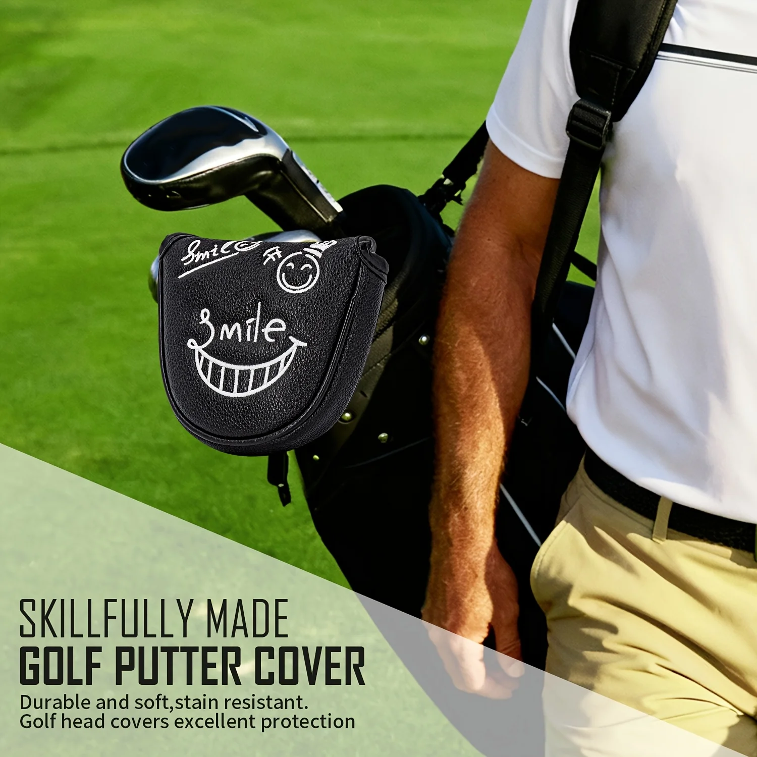 1pc Golf Mallet Putter Cover with Grinning Face Pattern, Semi-Circular Putter Cover, PU Material, Exquisite Premium Embroidery image 4
