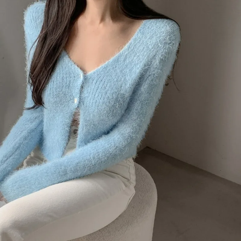 غامض متماسكة سترة سترة المرأة طويلة الأكمام زر حتى المحاصيل سترة سترة في سن المراهقة فتاة الخريف الشتاء Y2K الزي #4