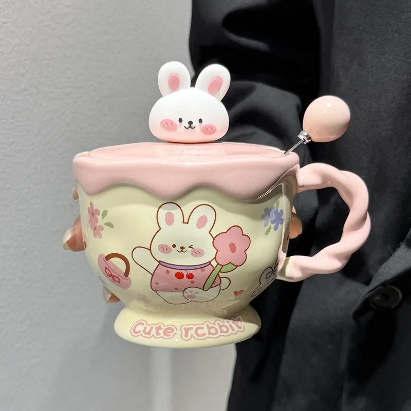 Niedliche Heilkaninchen-Keramiktasse mit Deckel und Löffel, Cartoon-Wasserbecher, Büro-Kaffeetasse, Geschenk, 450 ml