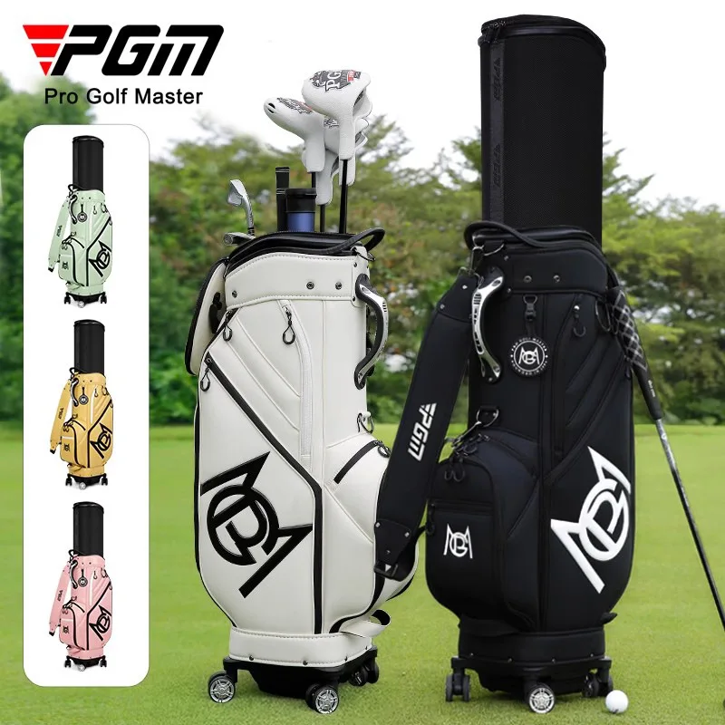 PGM golf bag for men and women hard shell retractable bag four-wheel flat push aviation checked inverted club soft leather