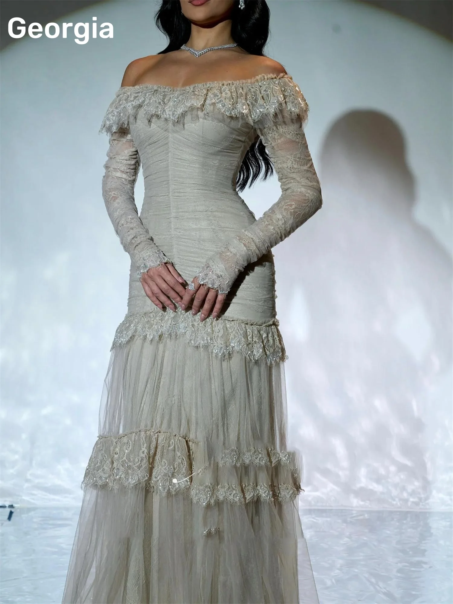 Dubai فساتين سهرة Lace Off-The-Shoulder Neckline Floor-Length Prom Dress Women Zipper Up Long Sleeves Vestidos De Festa