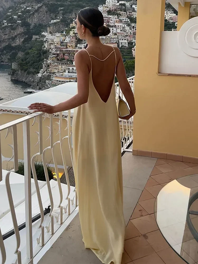 

2025 Sexy Backless Women Sling Dress Elegant O-neck Sleeveless Sleeveless Loose Maxi Dresses Holiday Evening Party Gown