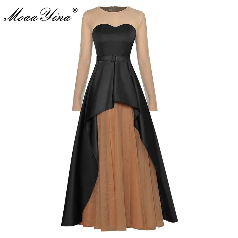

MoaaYina Fashion Designer dress Spring Women Dress O-neck Mesh Long Sleeve Patchwork Belt Black Party Dresses