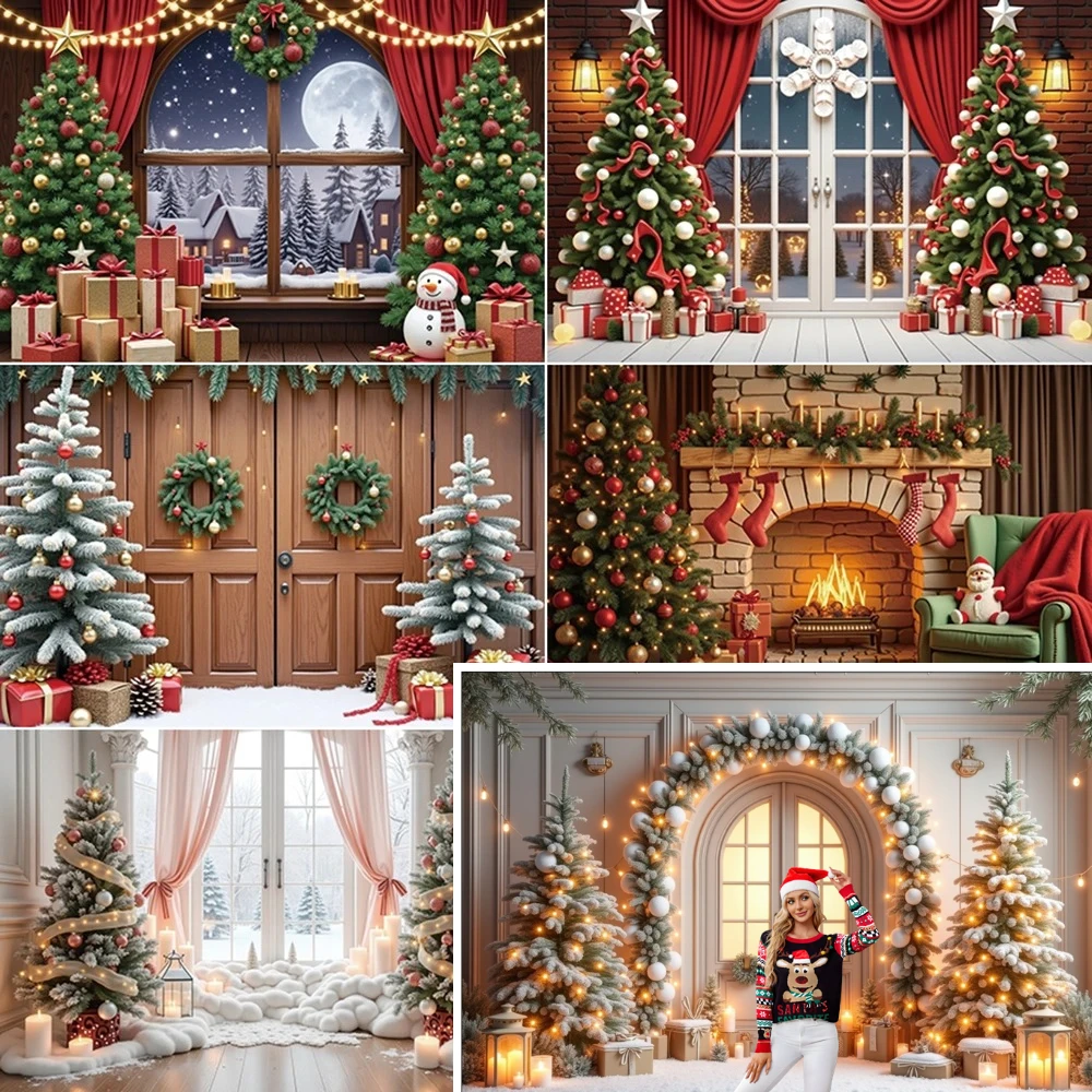 

MOON.QG 2025 Christmas Photography Background Large Pine Trees Door Backdrop New Year Decorations Studio Backdrop Accessories