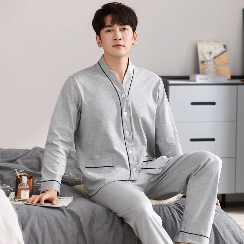 New Men Pajama Set V-Neck Cardigan Kimono Sleepwear For Man Shirt Long Sleeve Pyjama Male Fashion Soft Home Nightwear Loungewear