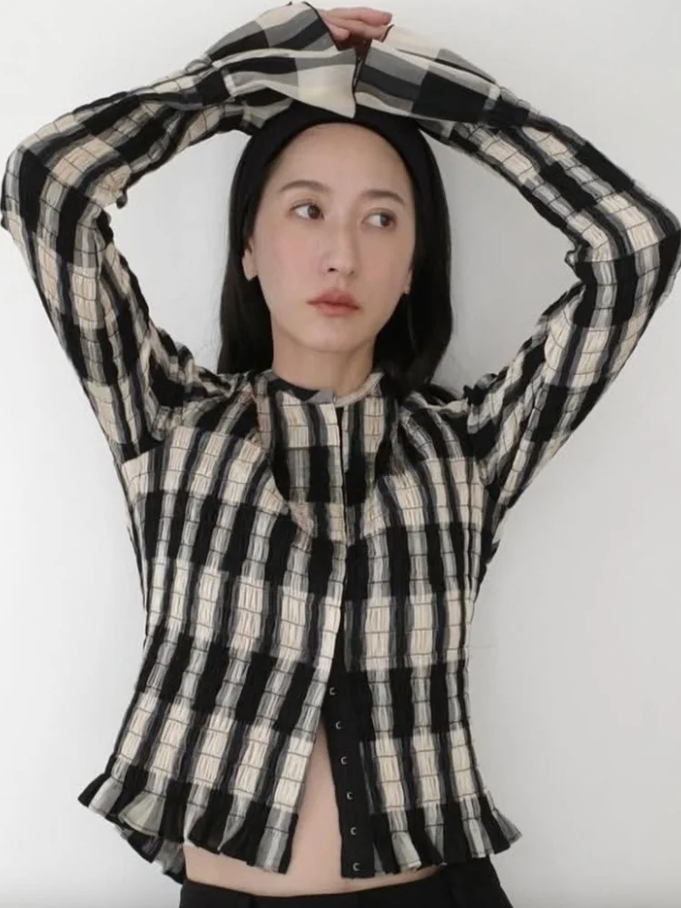 

Женская приталенная рубашка C1ane Pure Plaid с круглым вырезом, рукавами-колокол и складками, в деловом стиле, с длинными рукавами