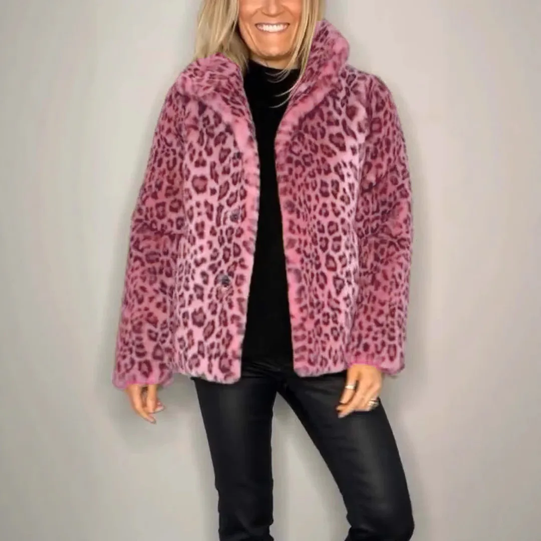2025 Autumn and Winter Fashion Leopard Print Lapel Faux Fur Women's Short Jacket