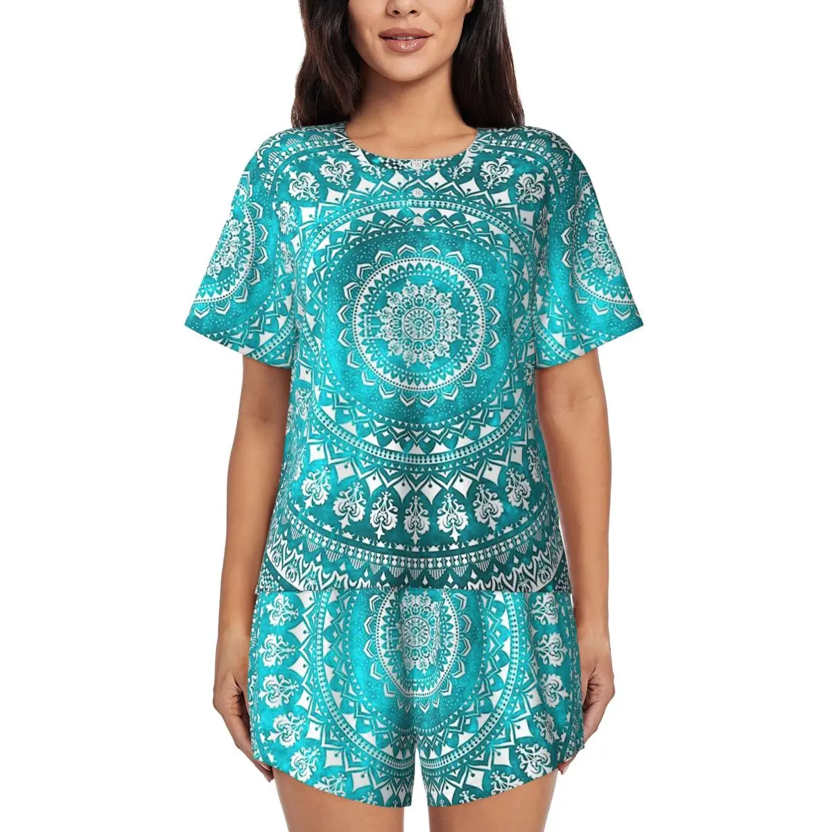 

Бирюзовые ночные рубашки с круглым вырезом и короткими рукавами Mandala, женские свободные пижамные комплекты с короткими штанами