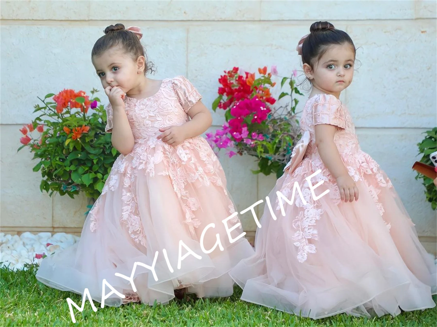 

Pink Flower Girl Dress Top Lace Fluffy Tulle Skirt Fllral Appqulies Wedding Party MiniBride Princess Bridemaid Gowns