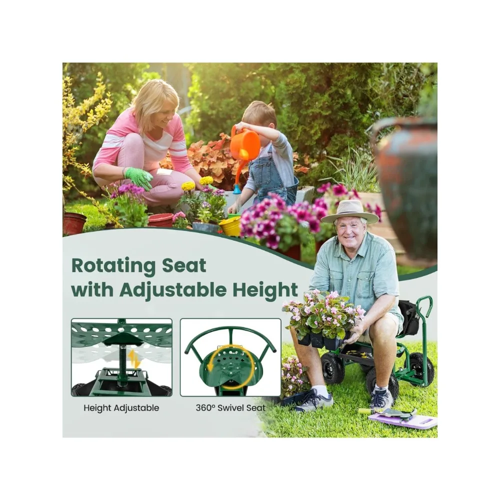 

Garden Seat with Wheels, Rolling Gardening Stool with Adjustable 360° Swivel Seat, Tool Tray & Storage Basket