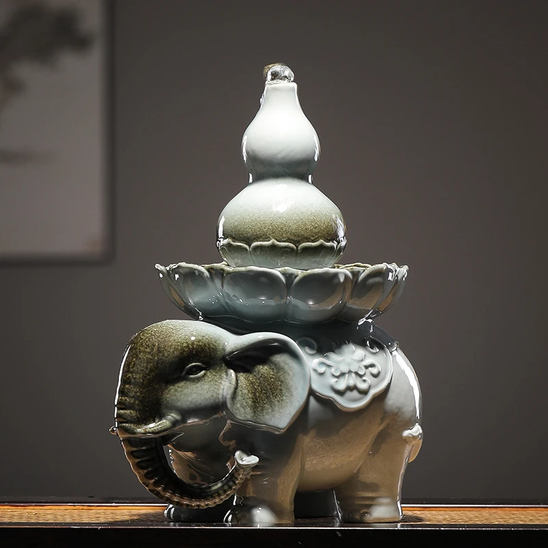 Ceramic elephant flowing water brings wealth decorative item, Chinese-style desktop home gourd decoration with recycled water