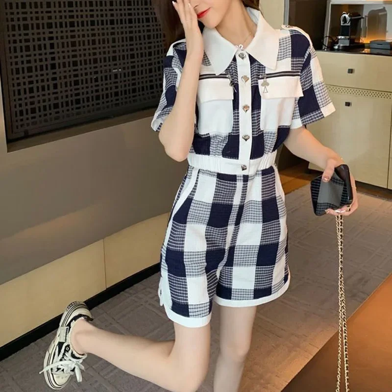 

Fashion Plaid Overalls Ladies Turn-down Collar 2026 Women's Clothing Summer Short Sleeve High Waist Straight Shorts Jumpsuits