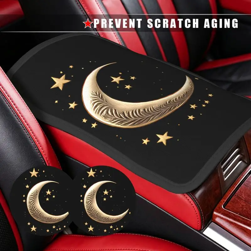 1Pc Car Armrest Cover + 2Pcs Cup Coasters, Golden Moon Star Design, Car Interior Anti-scratch Kit