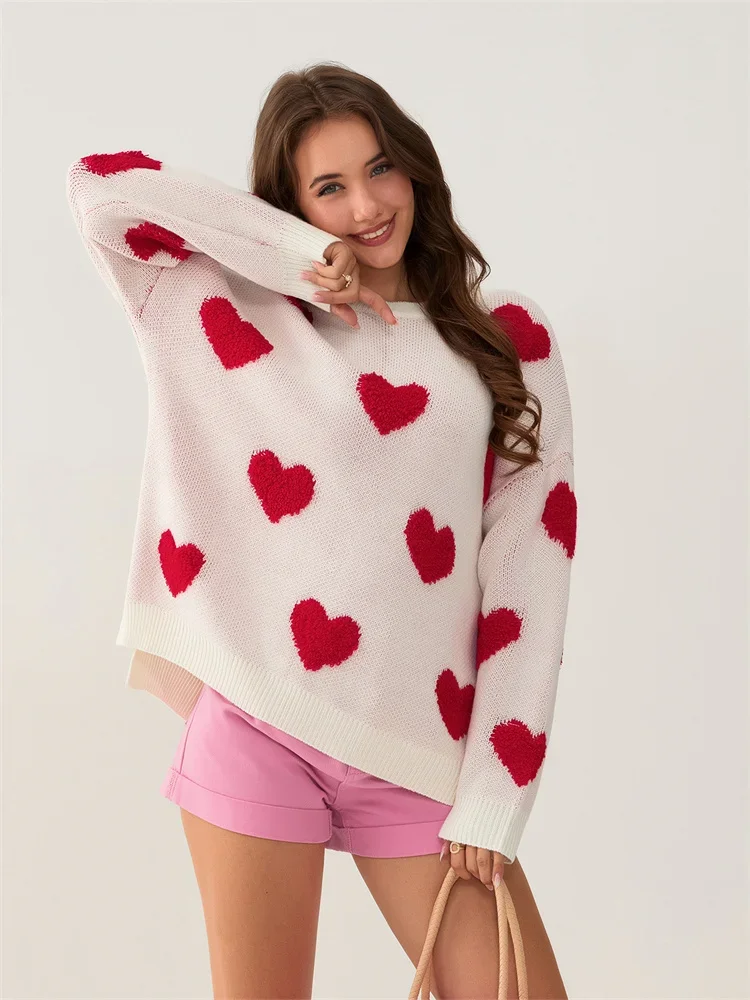 Women's Heart Print Warm Knitted Sweaters Cute Long Sleeve Round Neck Loose Pullover Sweaters Winter Tops Jumpers