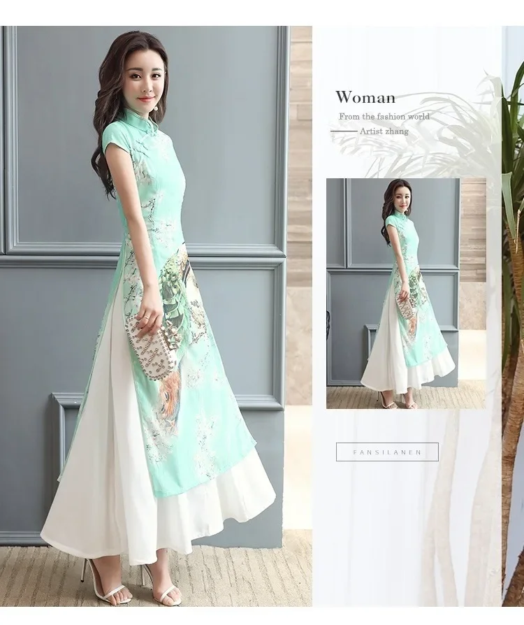 

1pcs/lot Summer Elegant Slim Women Painting Cheongsam White Dress Qipao Chiffon Vintage Chinese Style Dress