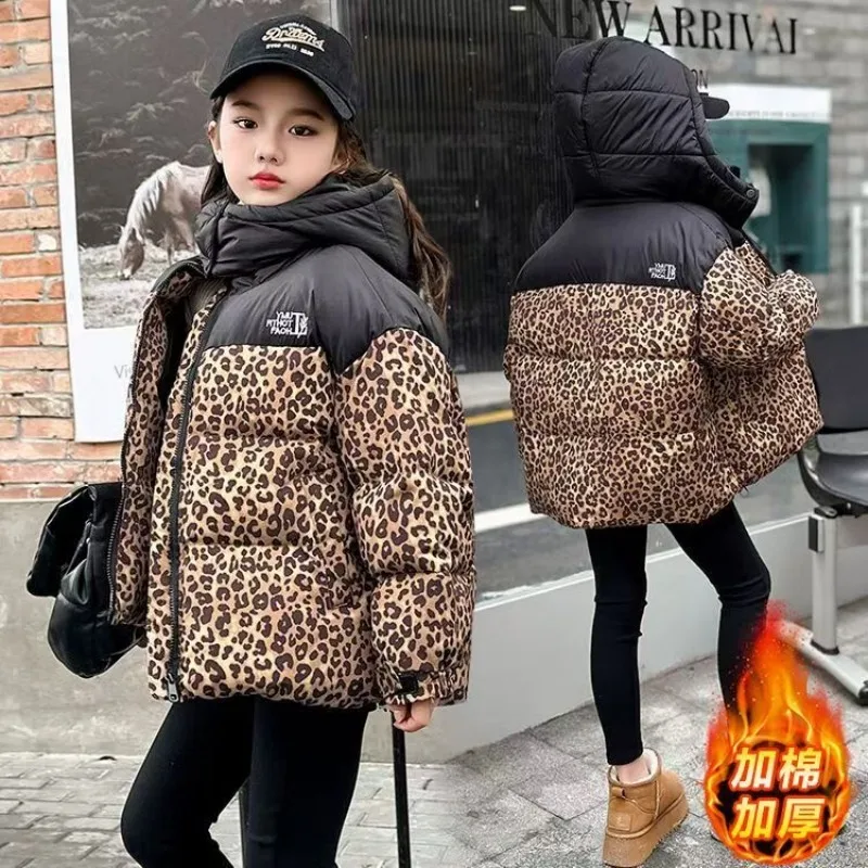 Children's Down Jacket Leopard Print Winter Thickened Hooded Girls' Outdoor Cotton Jacket Thousand Bird Grid Cotton Coat