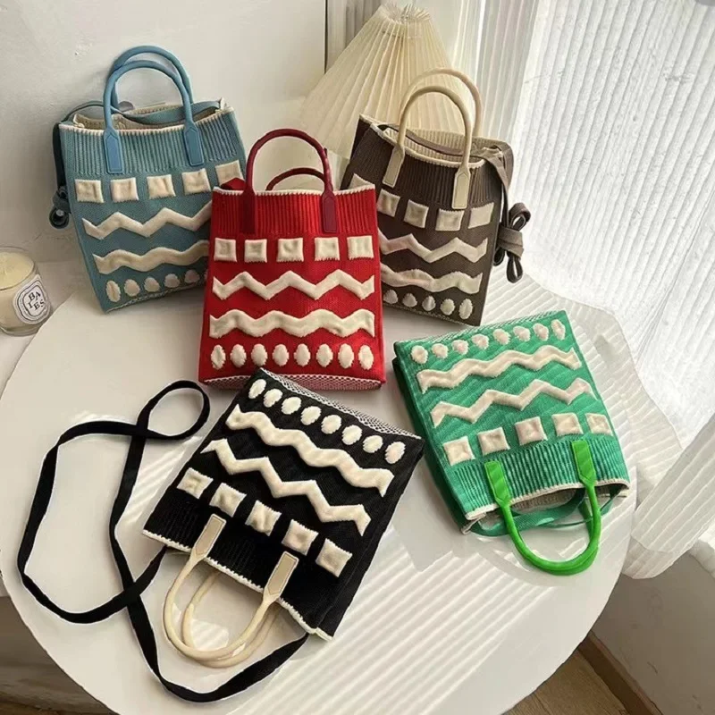 Fashion Vintage Crochet Plaid Medium Size Handbag Summer Ins Korean Retro Knit Square Stylish Side Sling Bag Crossbody Bag