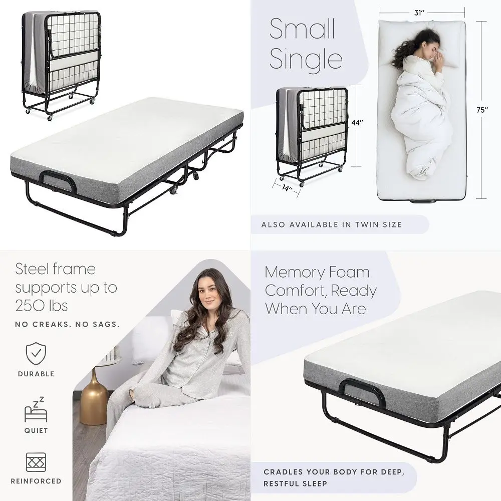 Folding Bed with Mattress, 75 x 46 Rollaway Bed for Adults, 5 inch Thick Memory Foam MattressTwin Size Portable Foldable Bed wi