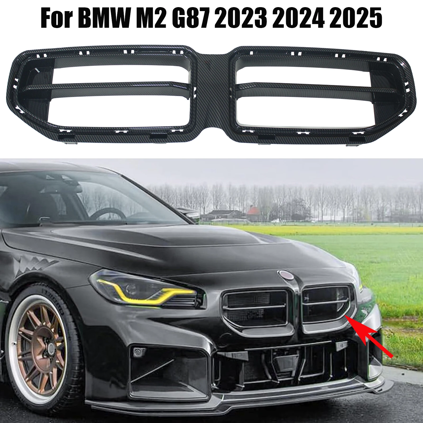 For BMW M2 G87 2023-2025 Front Bumper Kidney Grille Center Grill Mesh Cover Kit Radiator Replacement Glossy Black Carbon Look