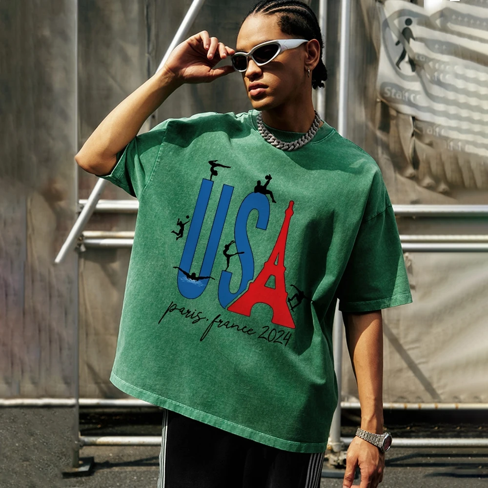 American Neutral Style Short Sleeve USA Eiffel Tower Letter Printing Fashion Trend Casual Loose Shoulder T-Shirt