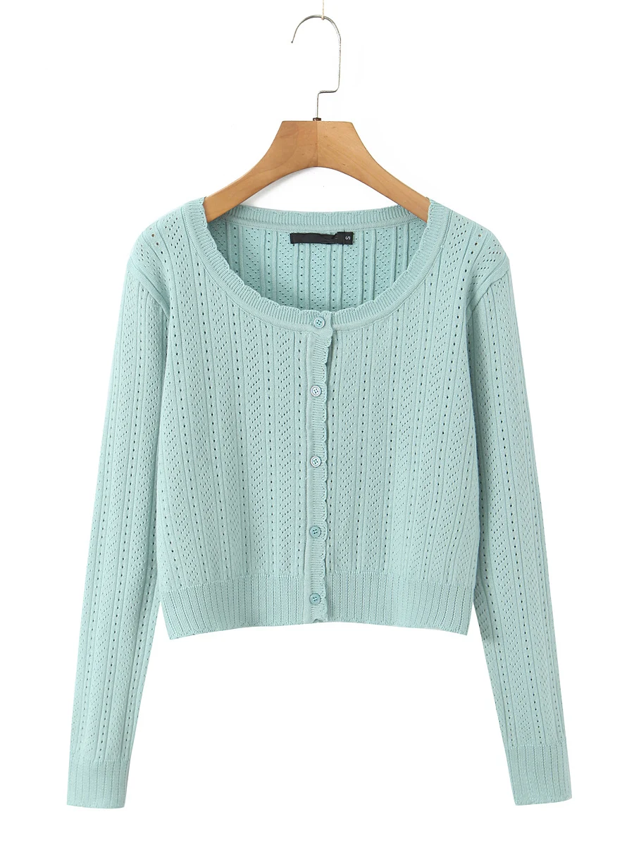 TWOTWINSTYLE Basics Casual Cardigan for Women U Neck Long Sleeve Spliced Wave Cut Slimming Knitwear Female Autumn Fashion Style