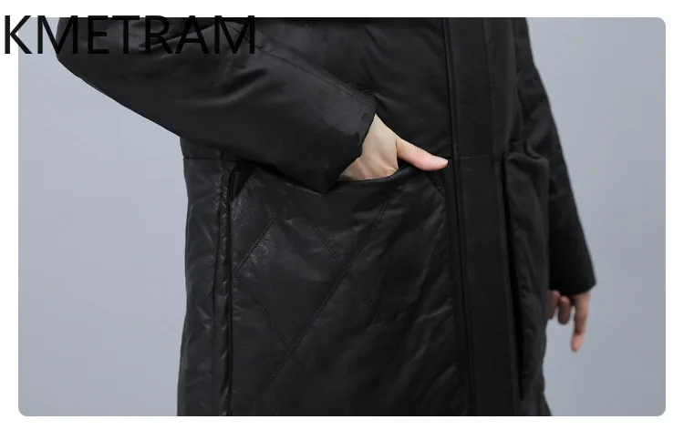 White Duck Down Leather Puffer Jacket Women Real Sheepskin Long Down Coats with Hood Womens Winter Clothes 2024 Пуховик Женский — zdjęcie 5