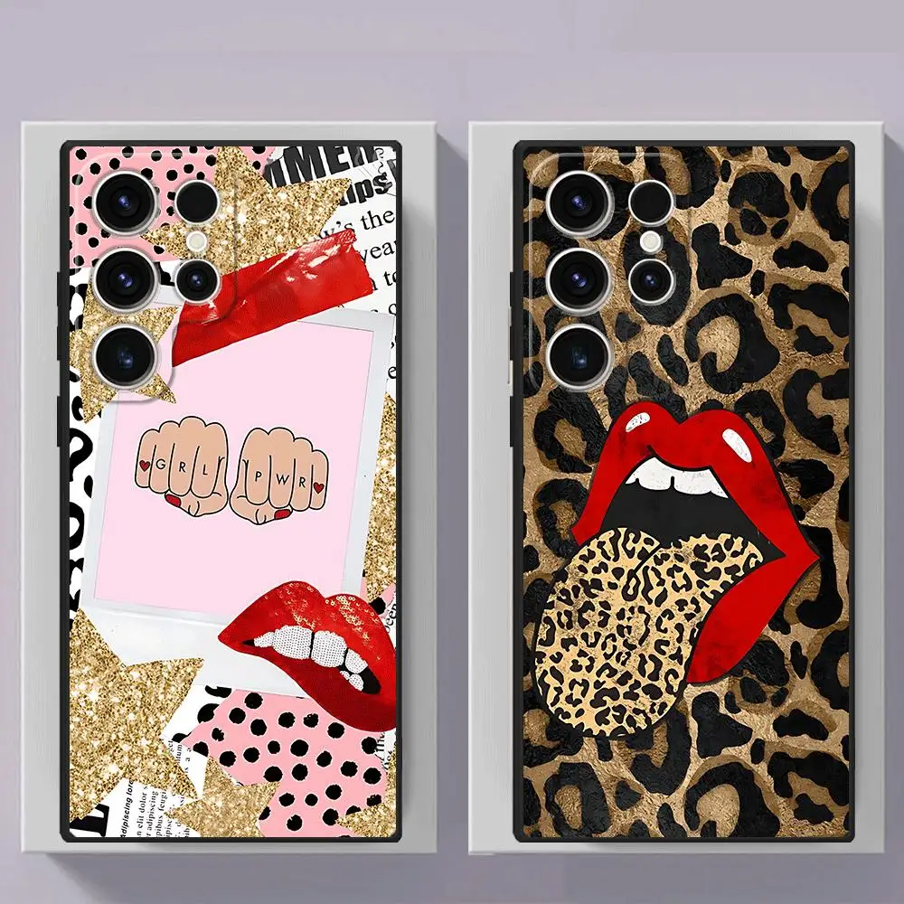 Hot Red Lip Leopard Print Phone Case for Samsung S23 Plus 5G S20 FE 5G S22 Ultra S10 Lite S21 FE 5G S10 Plus Black Bag