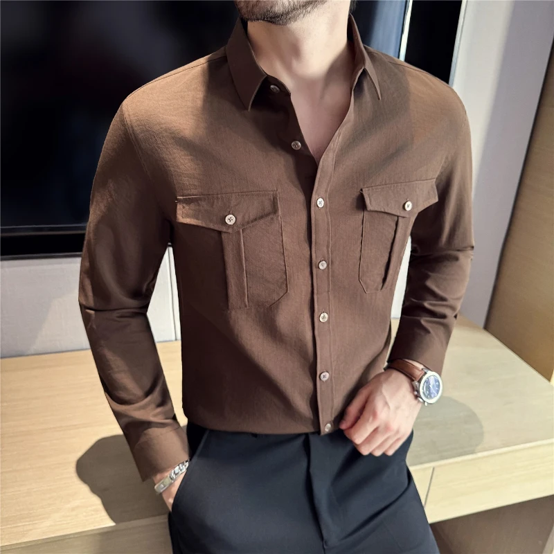 Men's Cotton Multi-pocket Cargo Shirts Streetwear Long Sleeve Single-Breasted Men Shirt Spring Autumn Slim Fit Linen Blouse Man