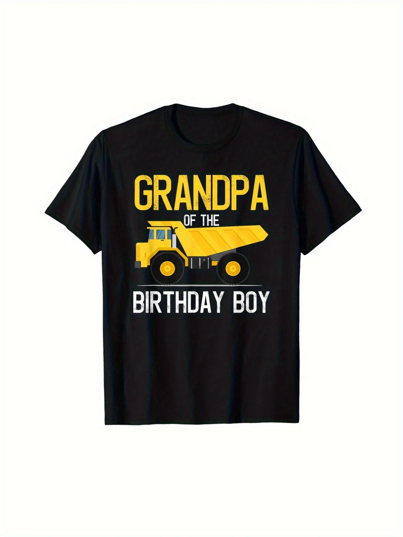 T-shirt graphique Grandpa of the Birthday Construction Truck - T-shirt décontracté à manches courtes en coton 100% noir avec imprimé jaune vif, Re