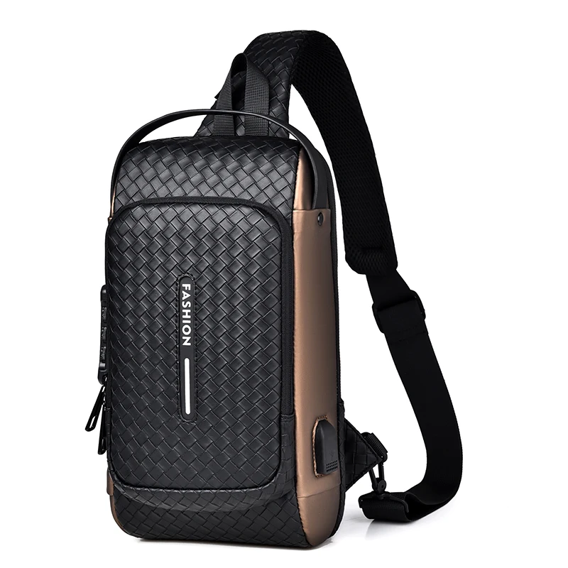 Men Fashion Chest Bag Anti-theft Tape Bag Portable Backpack with USB Charging Port Male PU Shoulder Outdoor Sports Crossbody Bag