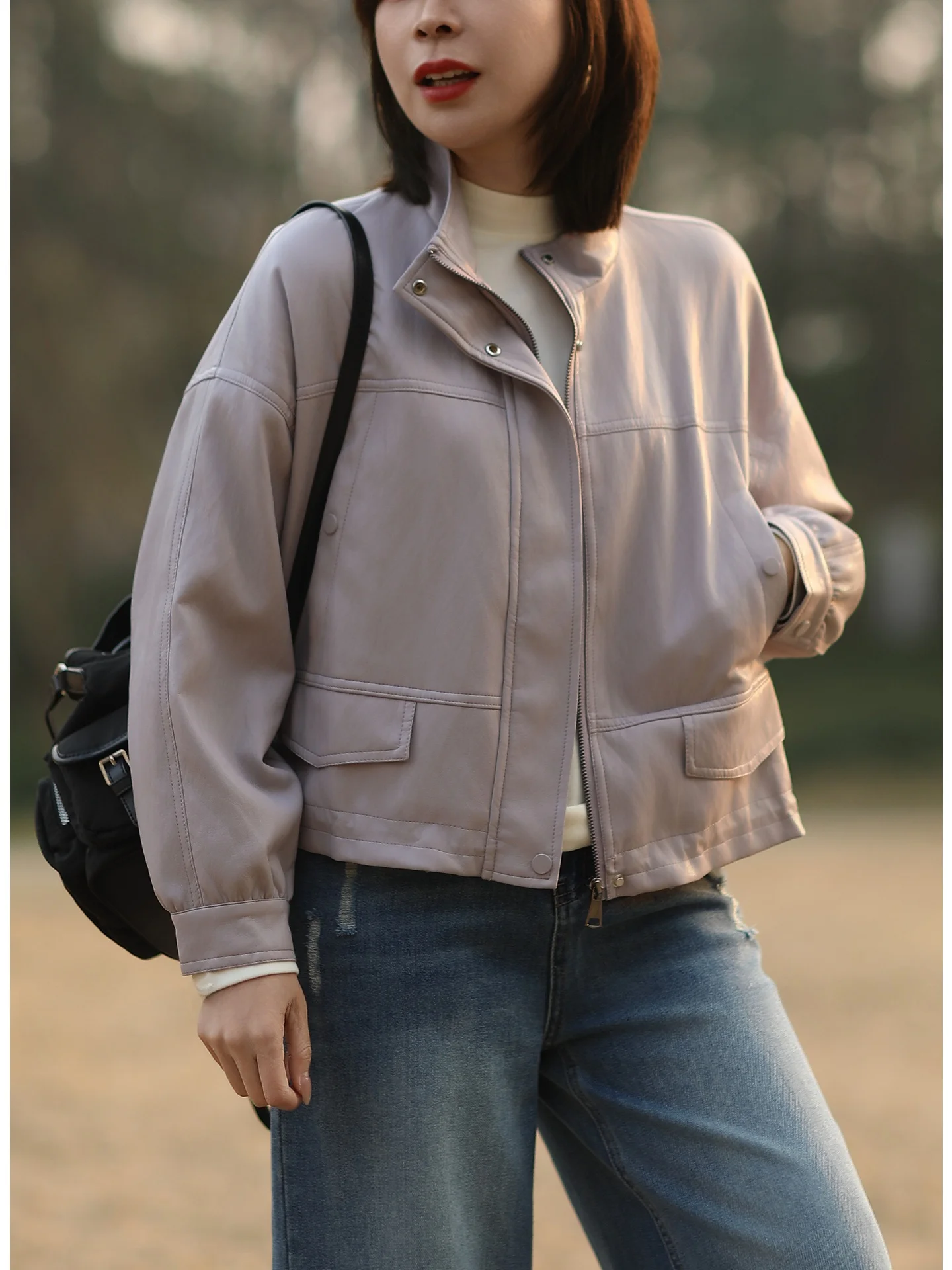 Tree Also レディース カジュアル ショート PU レザー ジャケット ソフトな質感 スタンドカラー 長袖 春のファッション アウター コート