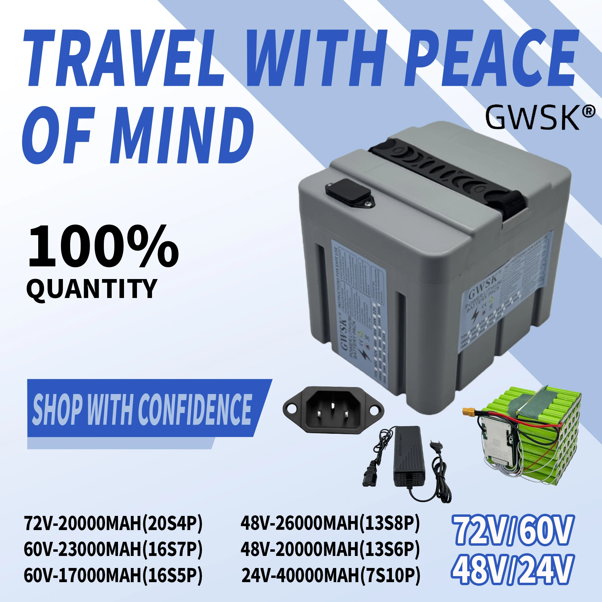 

Air freight, GWSK brand new full capacity, 24V/60V/72V, shipped within 24 hours, new 18650 lithium battery, suitable for 3000W