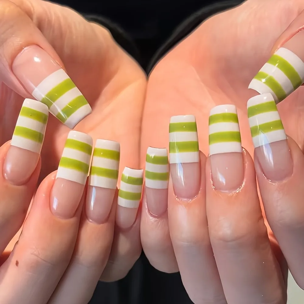 

24Pcs Green White Striped French Acrylic Long Square Nail Tips, Minimalist