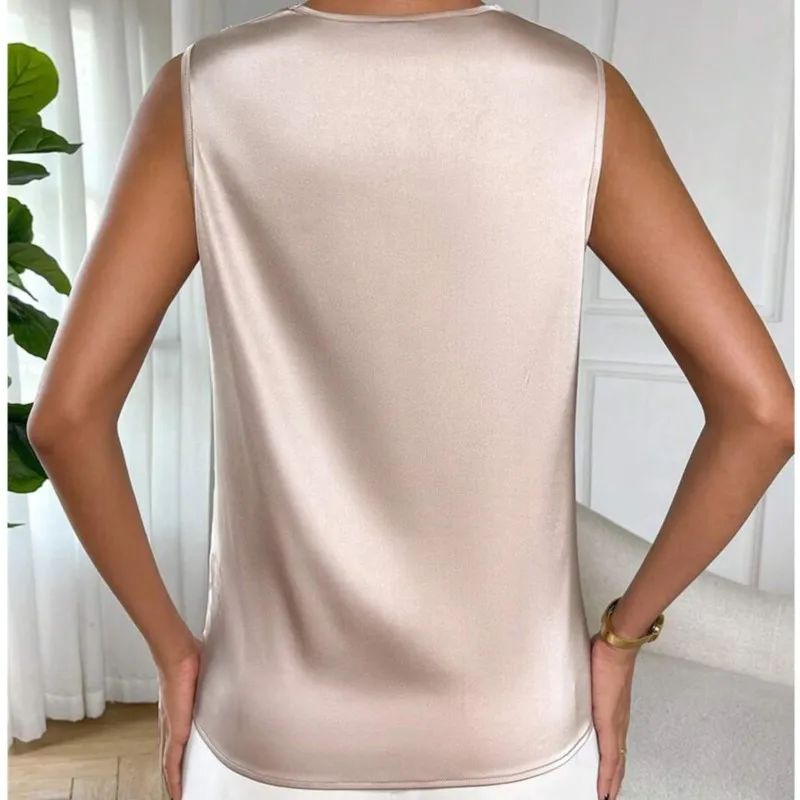 2026 Summer Women's Satin Shirt Blouse Women's Drape Pleated Sleeveless Heaps Collar Simulated Silk Shirt Tank Vest Tops 2026
