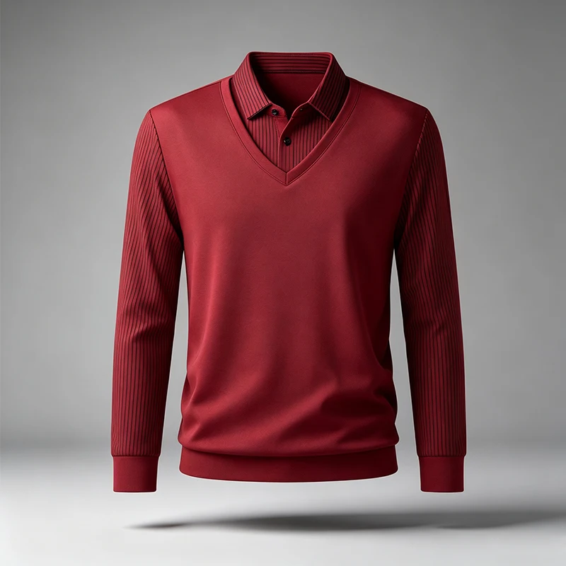 Herren-Oberteil mit langen Ärmeln, im Zweiteiler-Look, V-Ausschnitt, gerippte Ärmel, Hemdkragen-Design, weicher Stoff, ideal für Büro, Alltag und Pendel. – Detail 13