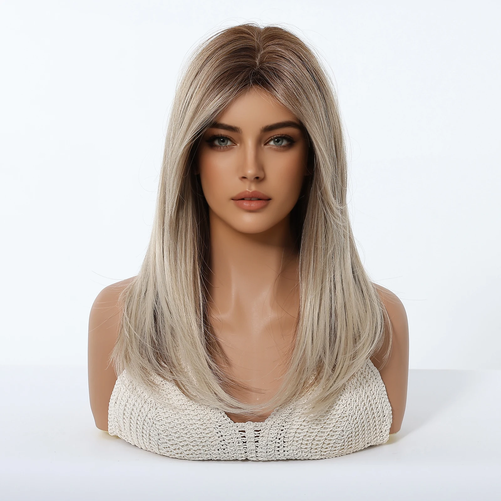Blonde Brown Ombre Synthetic Wigs Medium Length Straight Fiber Wigs For Women Daily Party High Temperature Natural Fake Hair