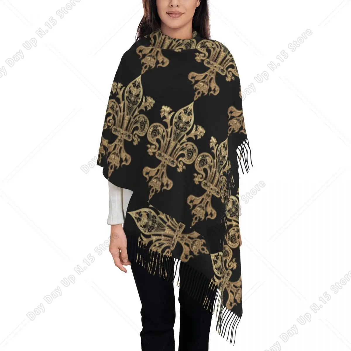 Customized Printed Gold Filigree Fleur De Lis Scarf Men Women Winter Warm Scarves Fleur-De-Lys Lily Flower Shawl Wrap