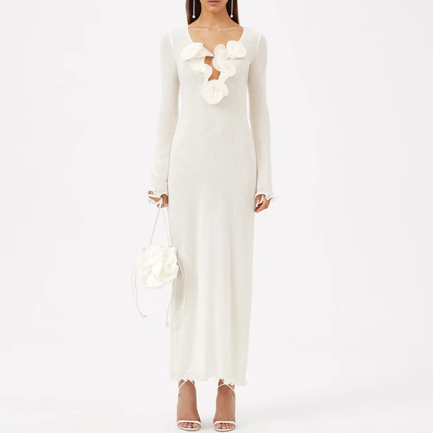 

Luxury Brand Magda Spliced Ruffle Flower V Neck Long Sleeve Elegant Women Knitted Dress Spring Summer Lady Slim Solid Clothing