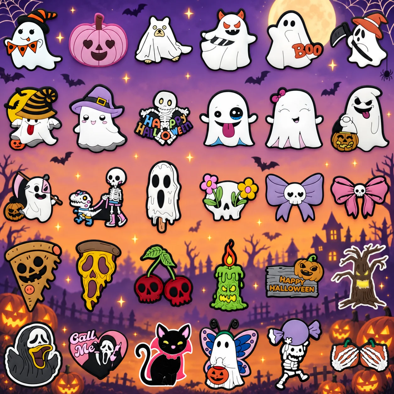 1/30-Piece Set of Cute Halloween Shoe Charms, Pumpkin Funny Ghost Charms for Shoes, Pizza Butterfly Sandals Clog Clips
