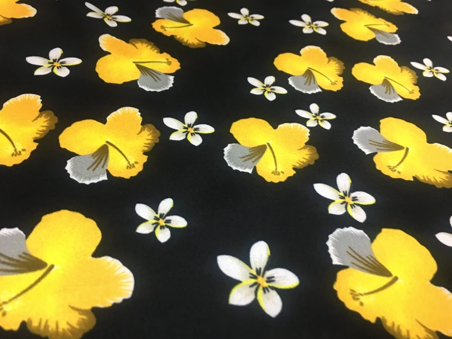 

19 Momme High Quality Real Silk Spandex Satin Cloth Anti-Aging Fashion Black Bottom Yellow Flower Print Designer Fabric