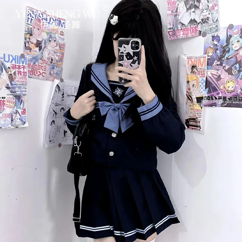 학생회 JK 코스프레 세일러 세트 플리츠 스커트, 긴팔 상의, 네이비 칼라, 활 타이, 대학 스타일, 일본 한국 세트