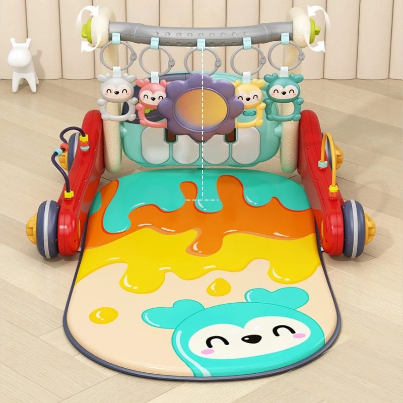 مشاية أطفال بتصميم مضاد للطرف، لعبة مشاية تعليمية 5 في 1 مع عربة دفع، صالة الألعاب الرياضية والبيانو، مساعدة المشي الأولى للرضع
