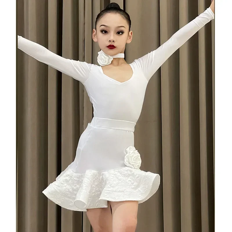 autumn and winter new Latin dance dress children's training dress girls dance dress white simple long-sleeved suit