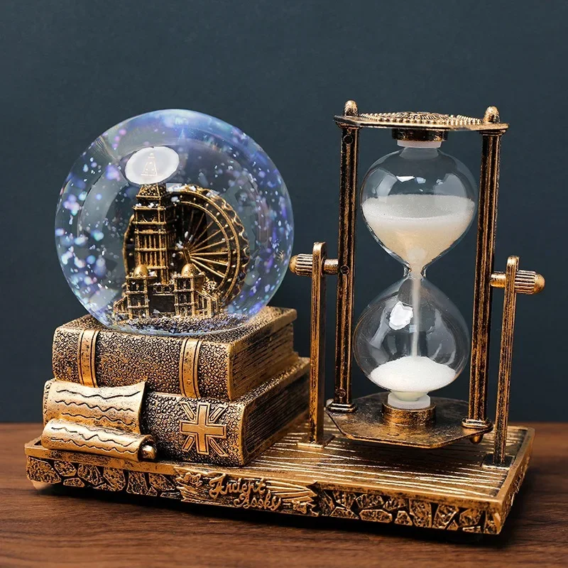 Retro tower hourglass timer crystal ball music box luminous desktop ornaments graduation gift for students.