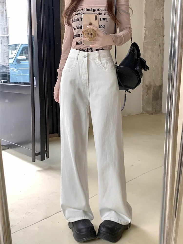 

White Straight Leg Jeans Women's New Style Spring Autumn plus Size High Waist Slimming Loose Wide Leg Drapey Floor-Length Pants