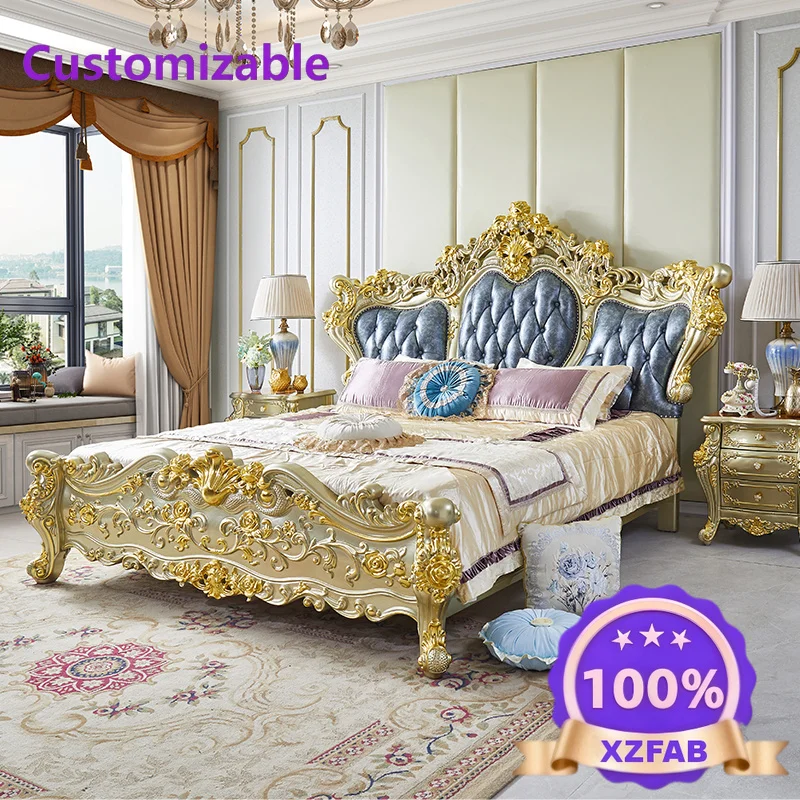 Factory Direct 2026 Luxury leather double bed 1.8 meters large apartment villa master bedroom full solid wood bed 2 meters gold