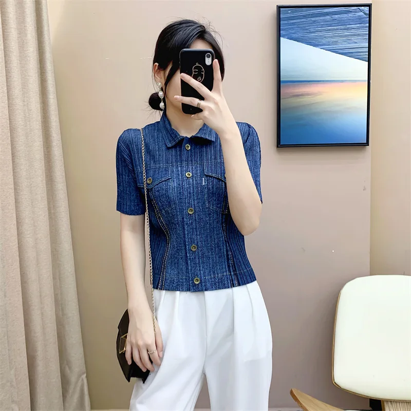 HOT SELLING pleated  turndown collar shirt fish scale single breasted Denim Blue shirt IN STOCK