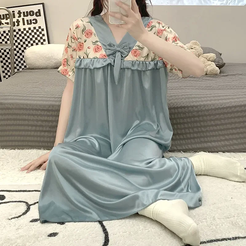 

Новая женская ночная сорочка в корейском стиле с рюшами, летняя цельная пижама с V-образным вырезом, домашняя одежда, свободный крой, большие размеры, коллекция 2026